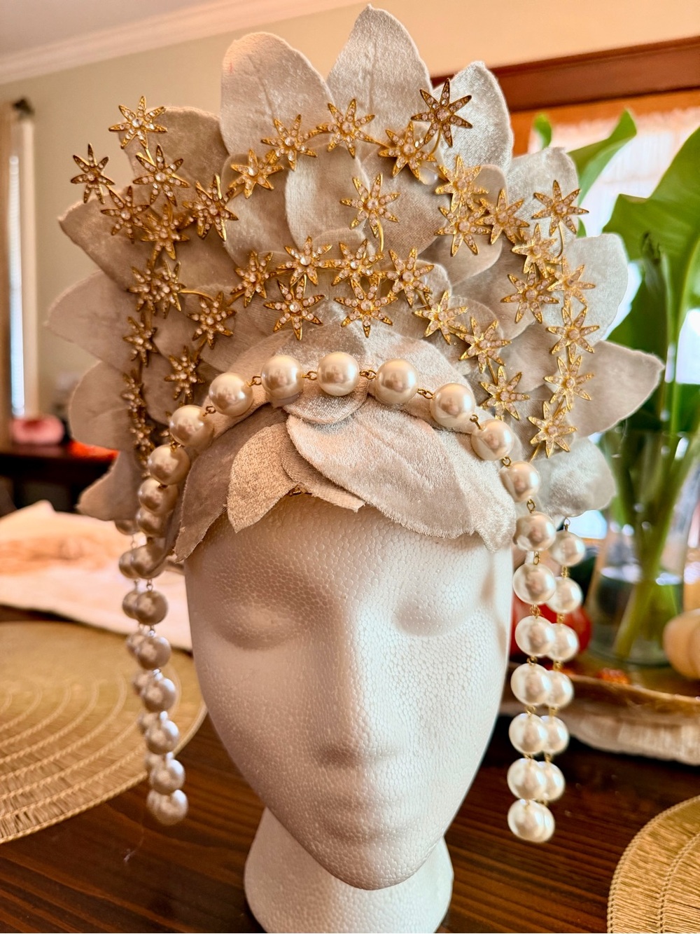 Fabulous Gold Star & Pearl Embellished on Silver Fabric Headpiece